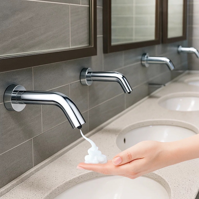 Wall-mounted commercial automatic soap dispenser in a modern public restroom