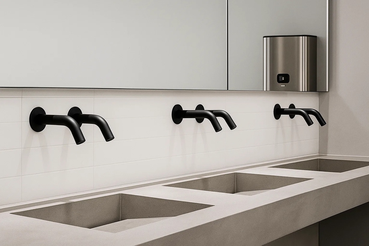 Row of touchless soap dispensers in a clean commercial washroom