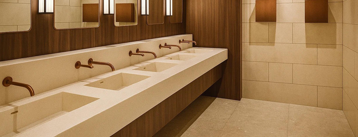 Modern commercial restroom with automatic soap dispenser fixtures