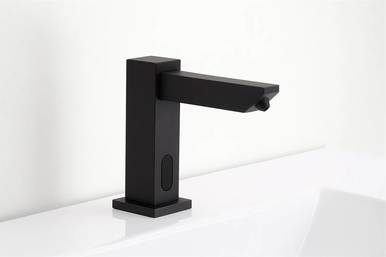 Touchless soap dispenser paired with a sensor faucet in a modern restroom