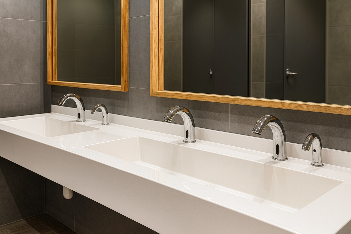 Recessed soap dispenser in narrow restroom corridor