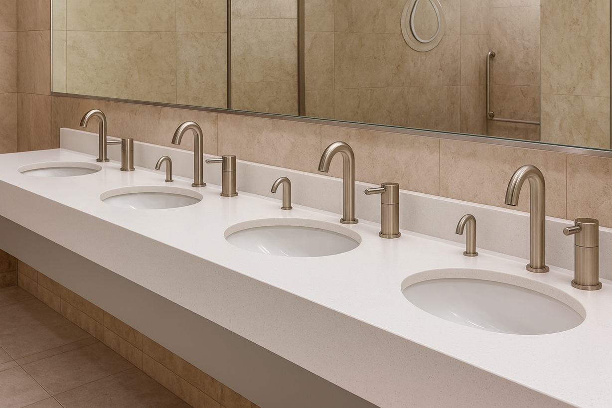 Vandal-resistant stainless steel soap dispenser in public toilet