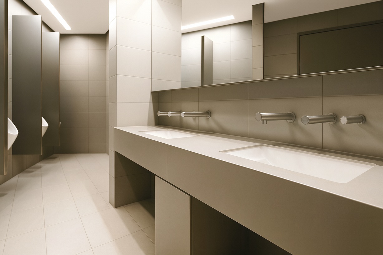 Healthcare staff using automatic soap dispensers in a hospital wash station
