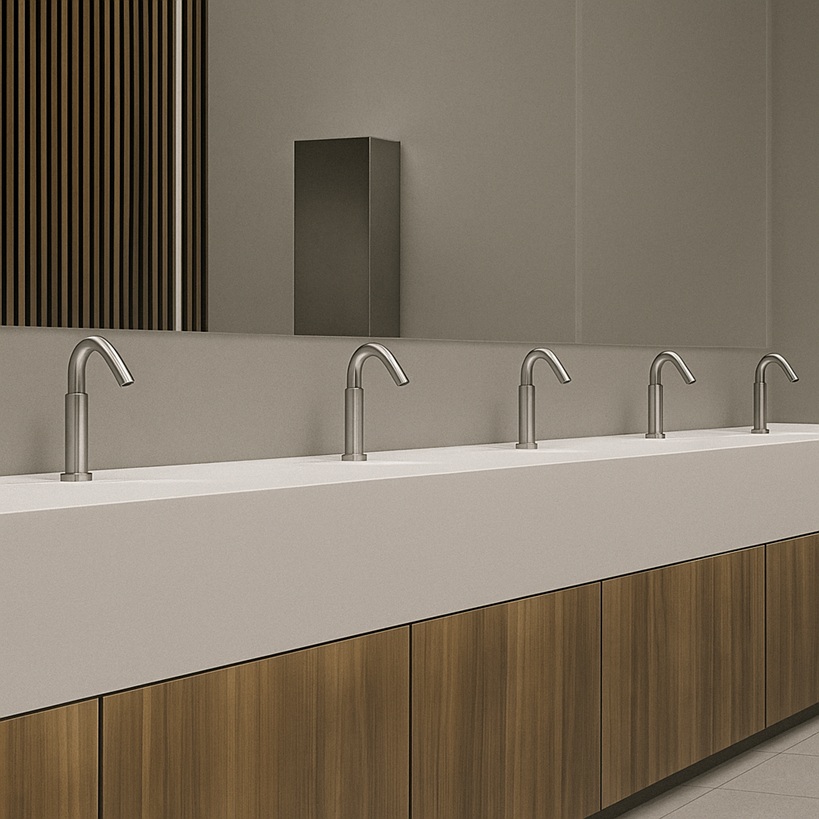 High-traffic commercial restroom showing multiple touchless fixtures in use