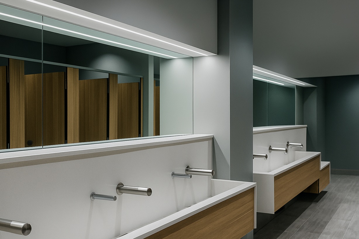 Modern commercial restroom with automatic touchless soap dispensers integrated into AEC-driven design