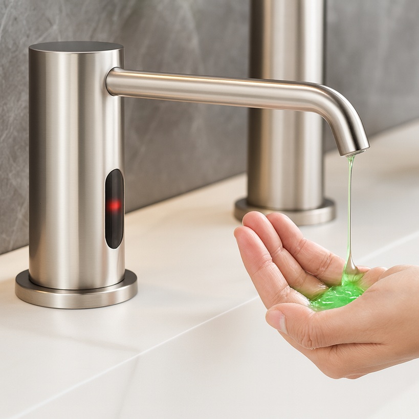 Commercial kitchen handwash station with automatic soap dispenser