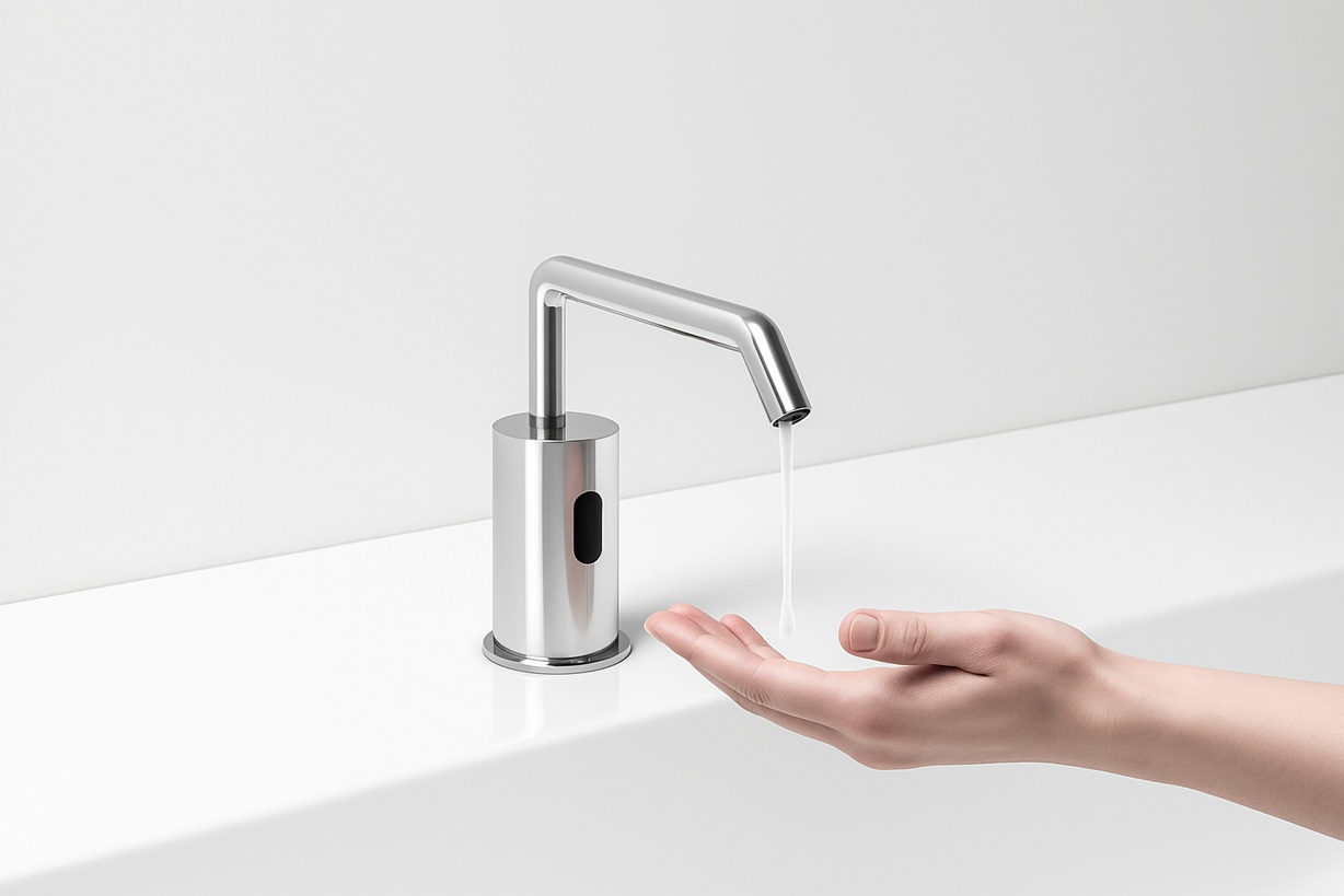 Technical diagram visualizing sensor detection zones around a dispenser