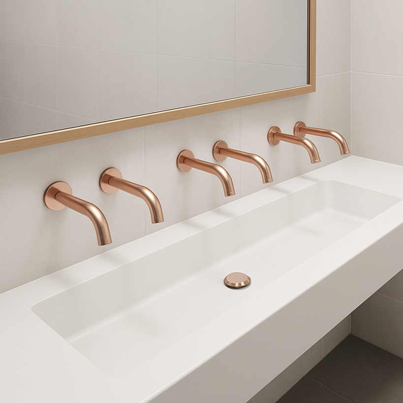 Conceptual rendering of a fully touchless, integrated restroom ecosystem