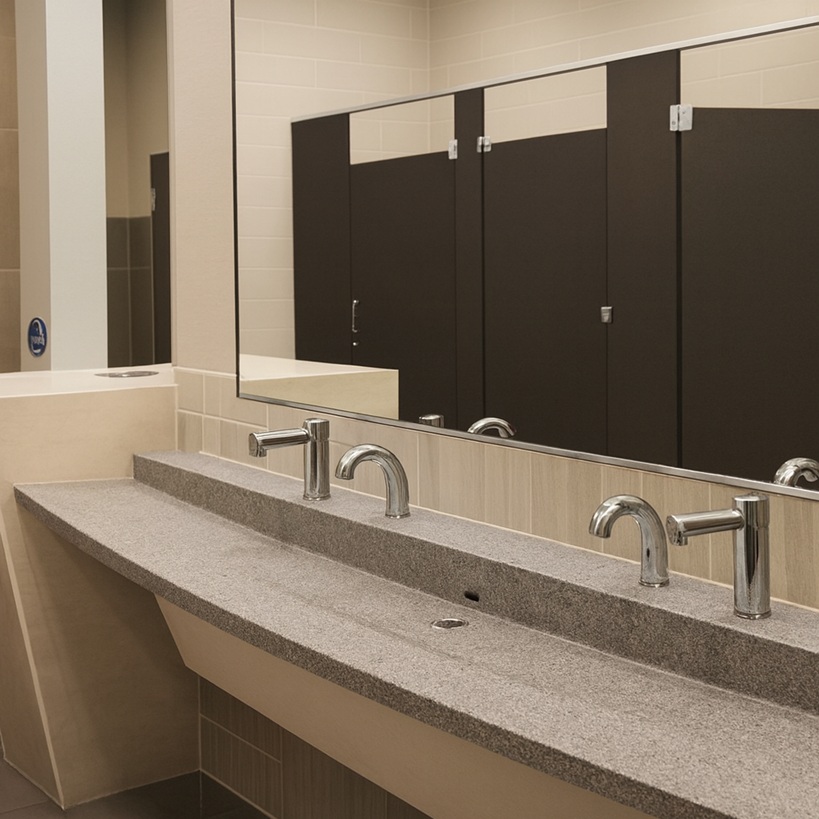 Staff locker room handwash area with automatic soap dispensers