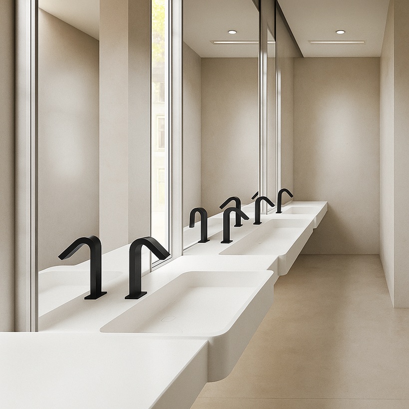 Recessed soap dispenser niche within a tiled restroom wall