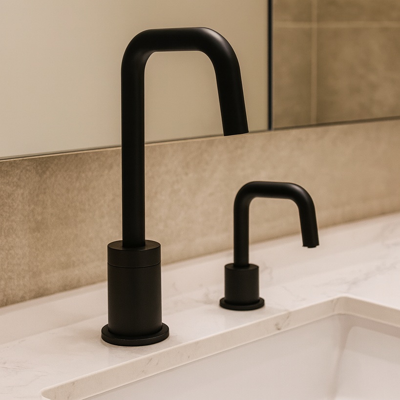 Close-up of smooth dispenser surfaces being disinfected