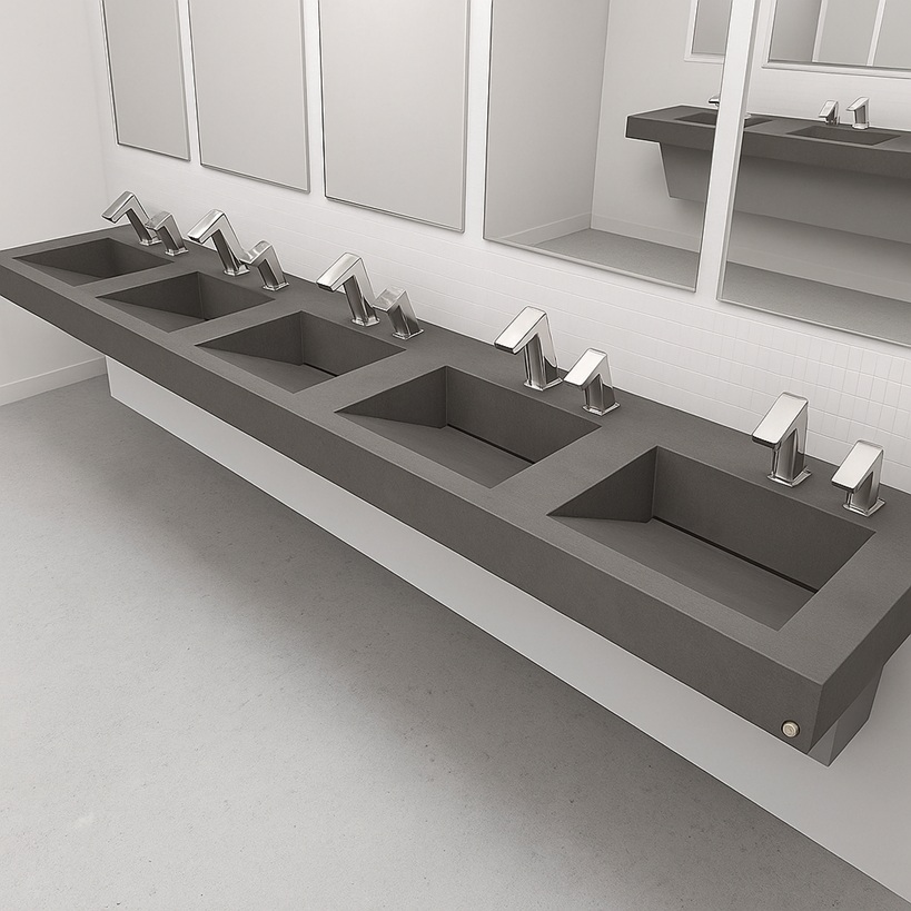 Airport restroom scene illustrating heavy user traffic and robust fixtures