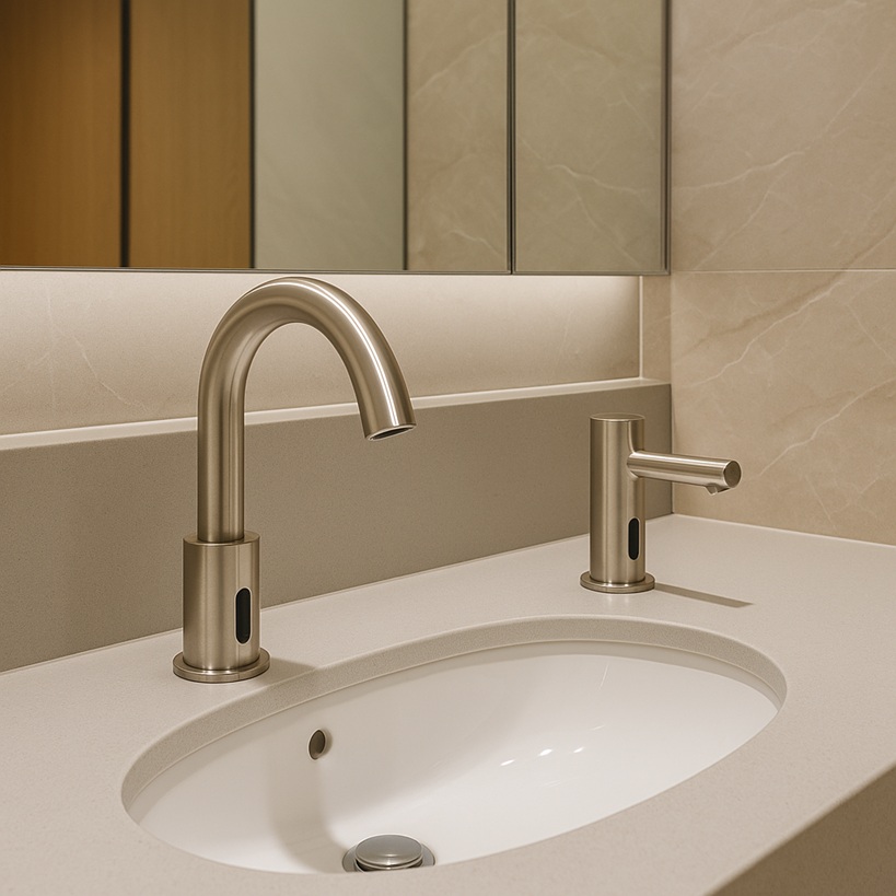 ICU nurse using a touchless dispenser before patient contact