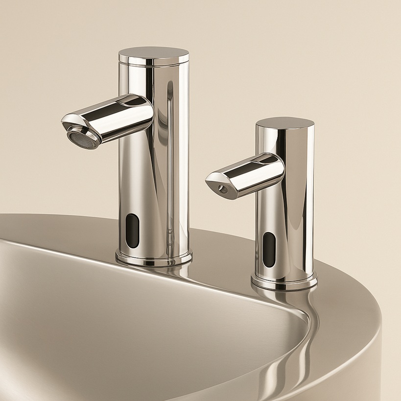 Diagram showing coordinated touchless soap, faucet, and dryer forming a smart ecosystem