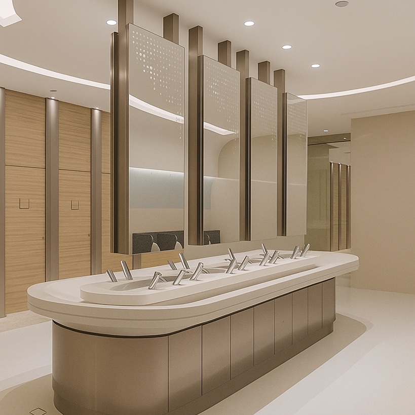 Minimal, coordinated mirror, faucet, and touchless soap dispenser system