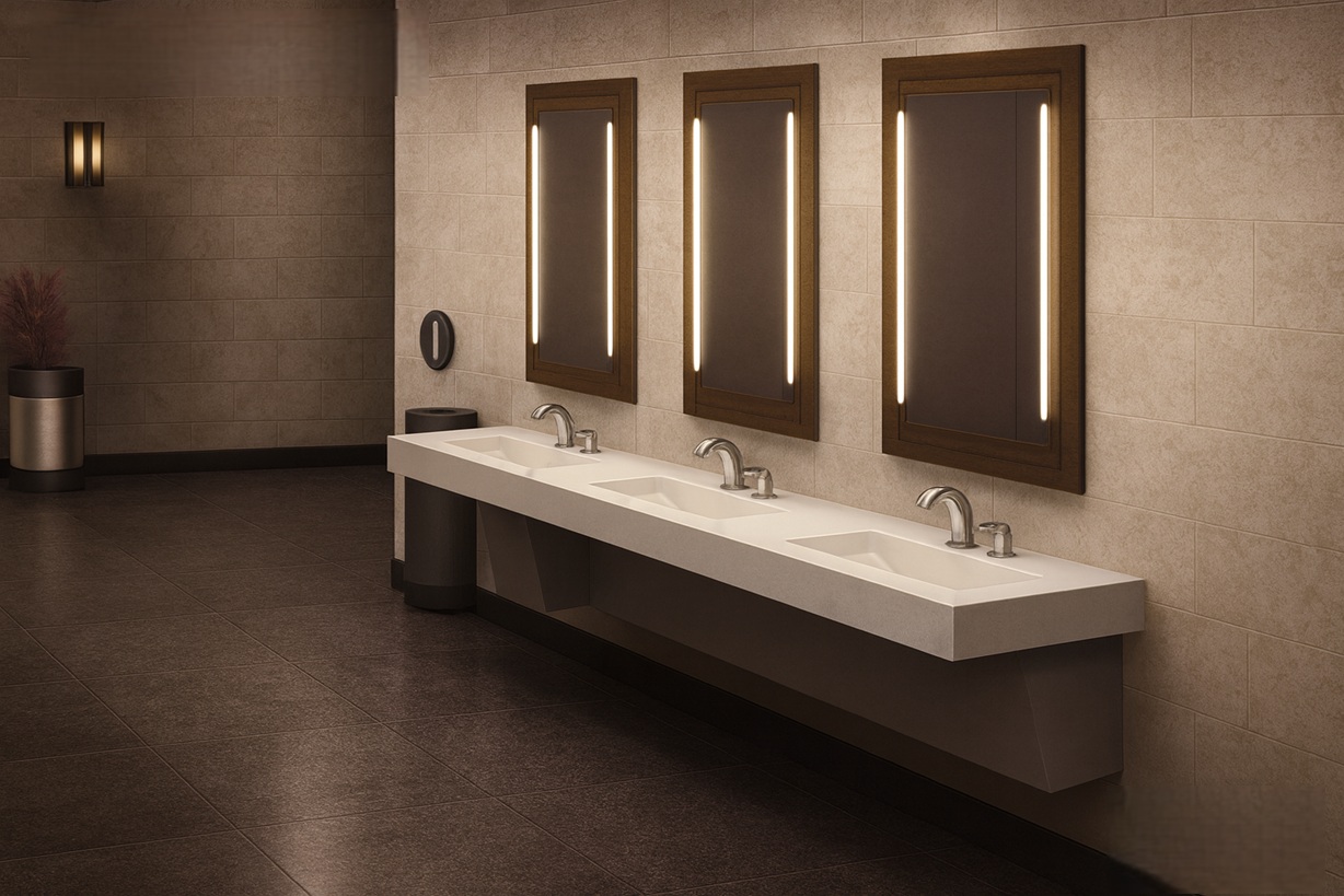 Students queuing briefly at restrooms between classes