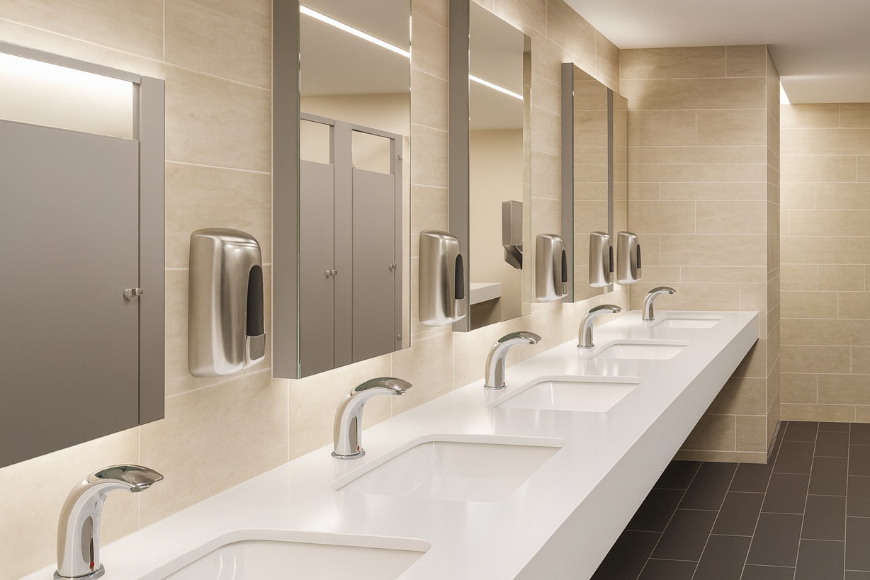Students washing hands with hygiene posters above sinks