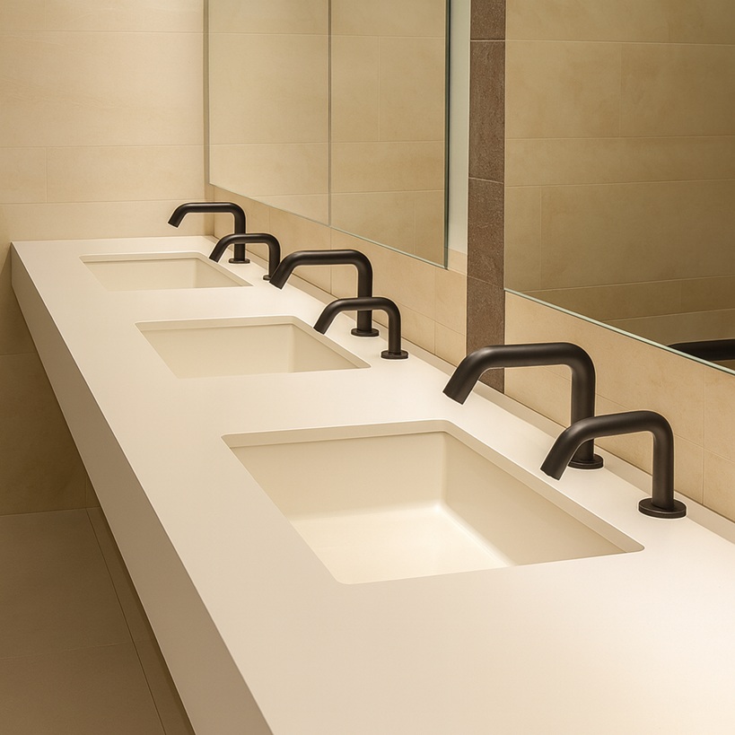 School gym locker room sinks with automatic dispensers