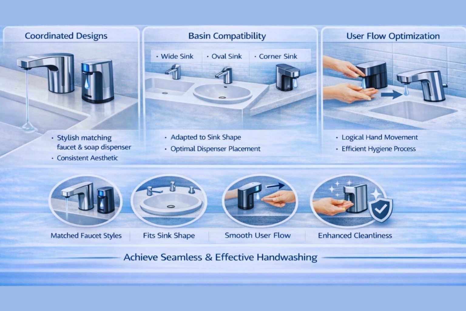 Touch free soap dispensers do not operate in isolation. They share the same “hand zone” as the faucet stream, basin bowl, counter deck, and user approach path.