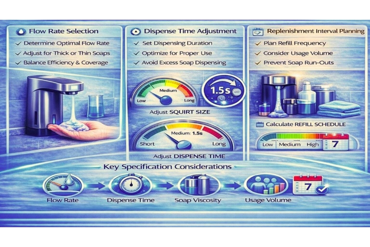 Soap/Dispenser Specification: Selecting Flow Rate, Dispense Time, and Replenishment Interval