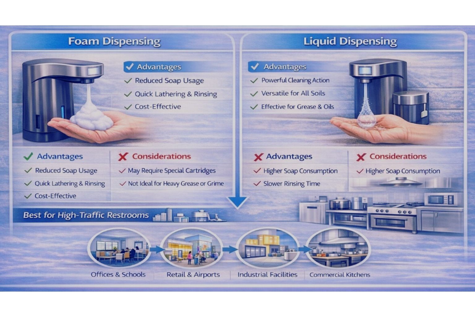 Foam vs Liquid Dispensing: Pros, Cons & Application Suitability in Commercial Restrooms