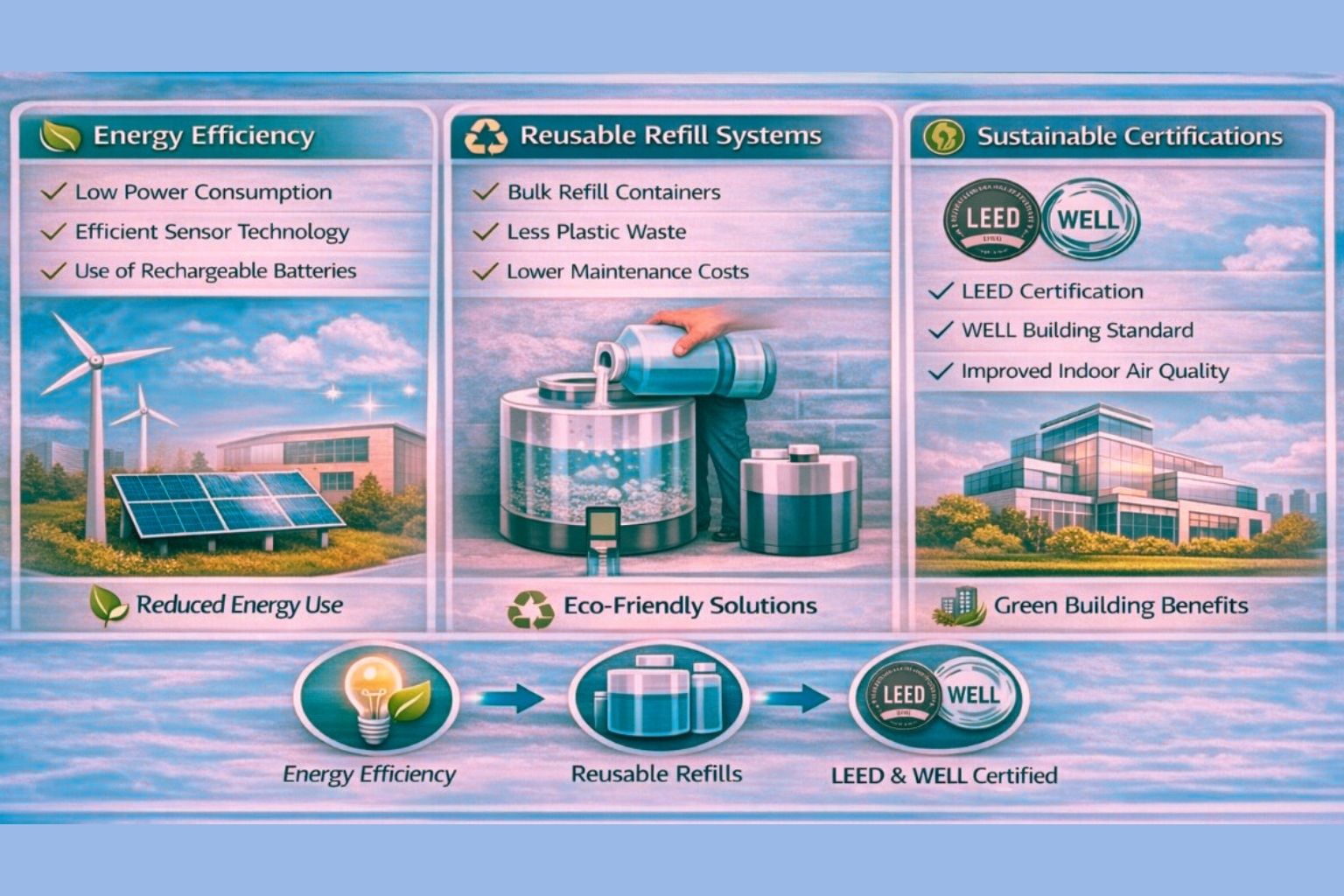 Environmental Impact: Energy Use, Reusable Refill Systems & LEED/ WELL Certifications