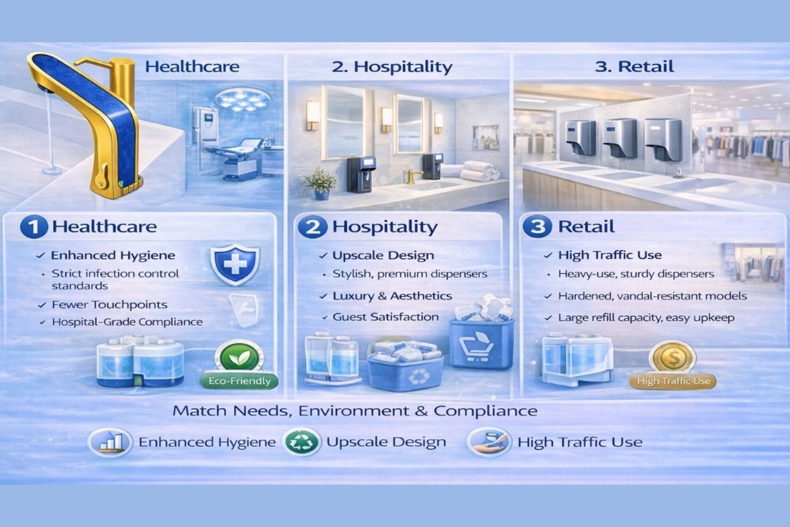 Sensor Soap Dispensers in Healthcare vs Hospitality vs Retail — Spec Differences & Requirements
