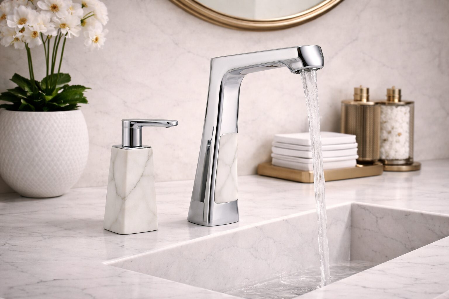 Modern commercial bathroom interior with clean sink design and touchless accessories