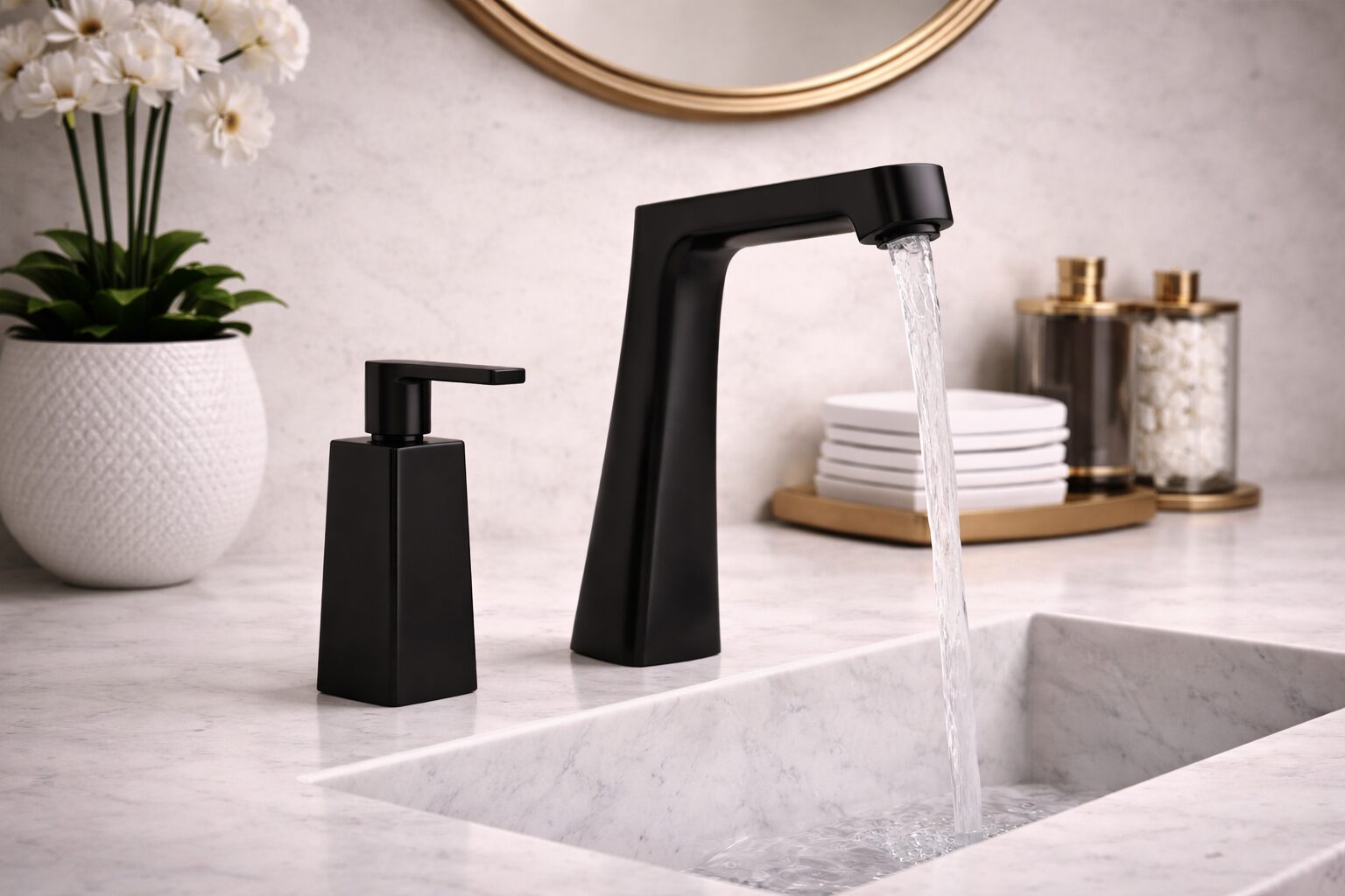 Touchless soap dispenser mounted near a modern commercial sink counter
