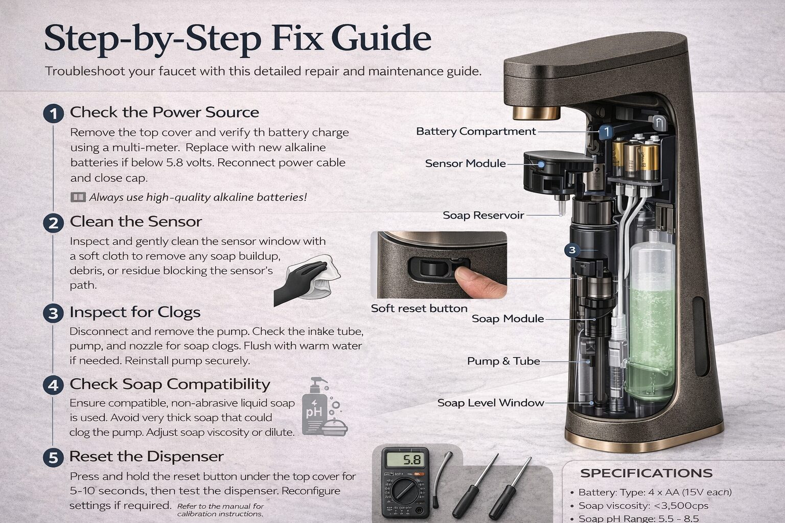 Checking batteries and internal compartment of an automatic soap dispenser
