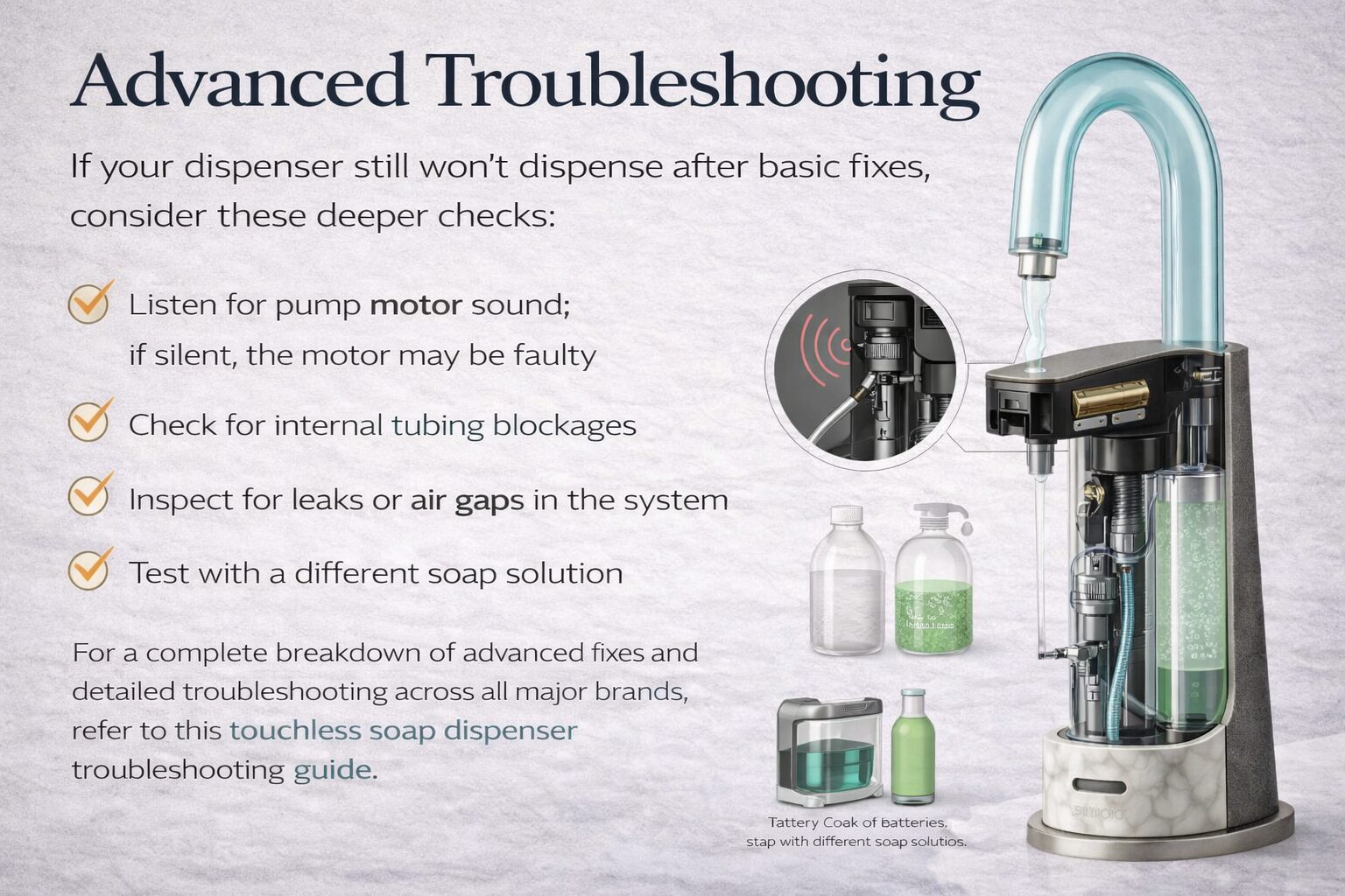 Inspecting the nozzle and pump area of a touchless soap dispenser for clogs