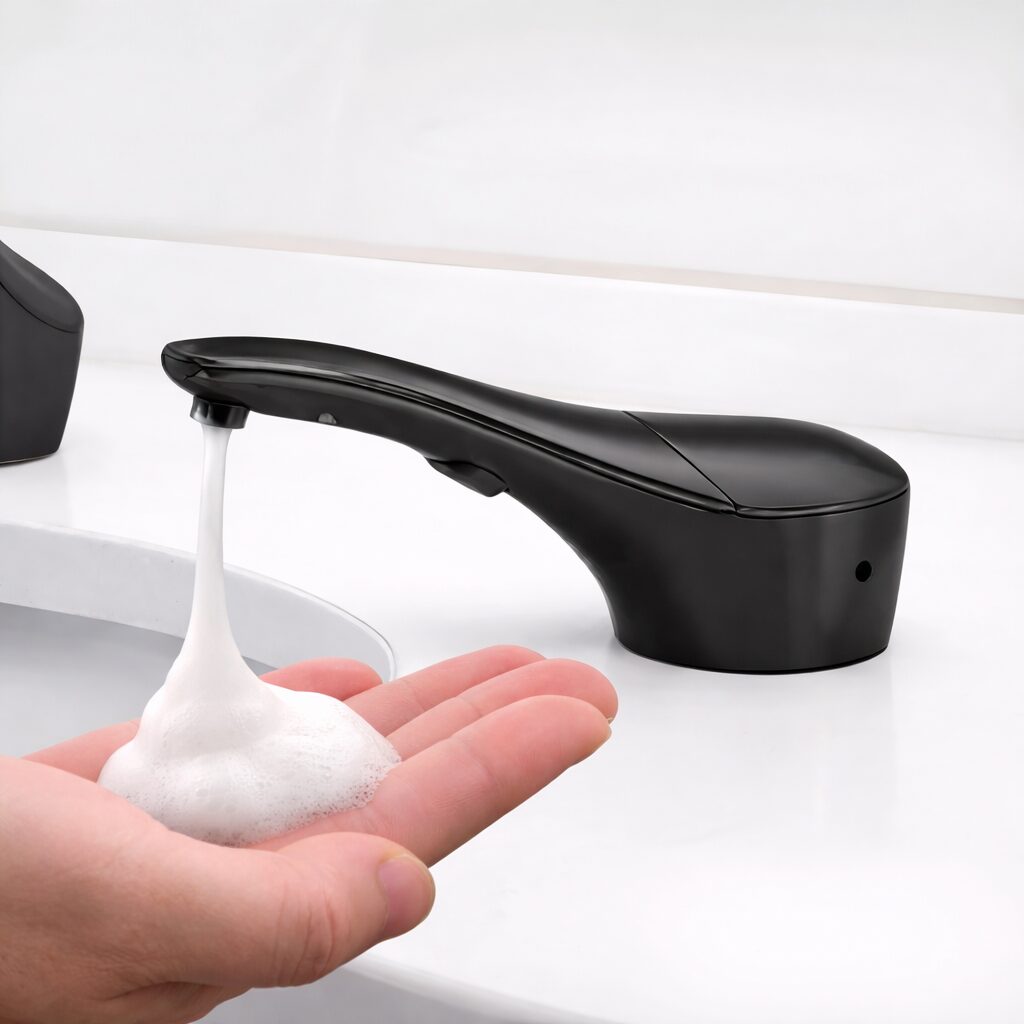 Modern hospital sink area with touchless soap dispenser and faucet