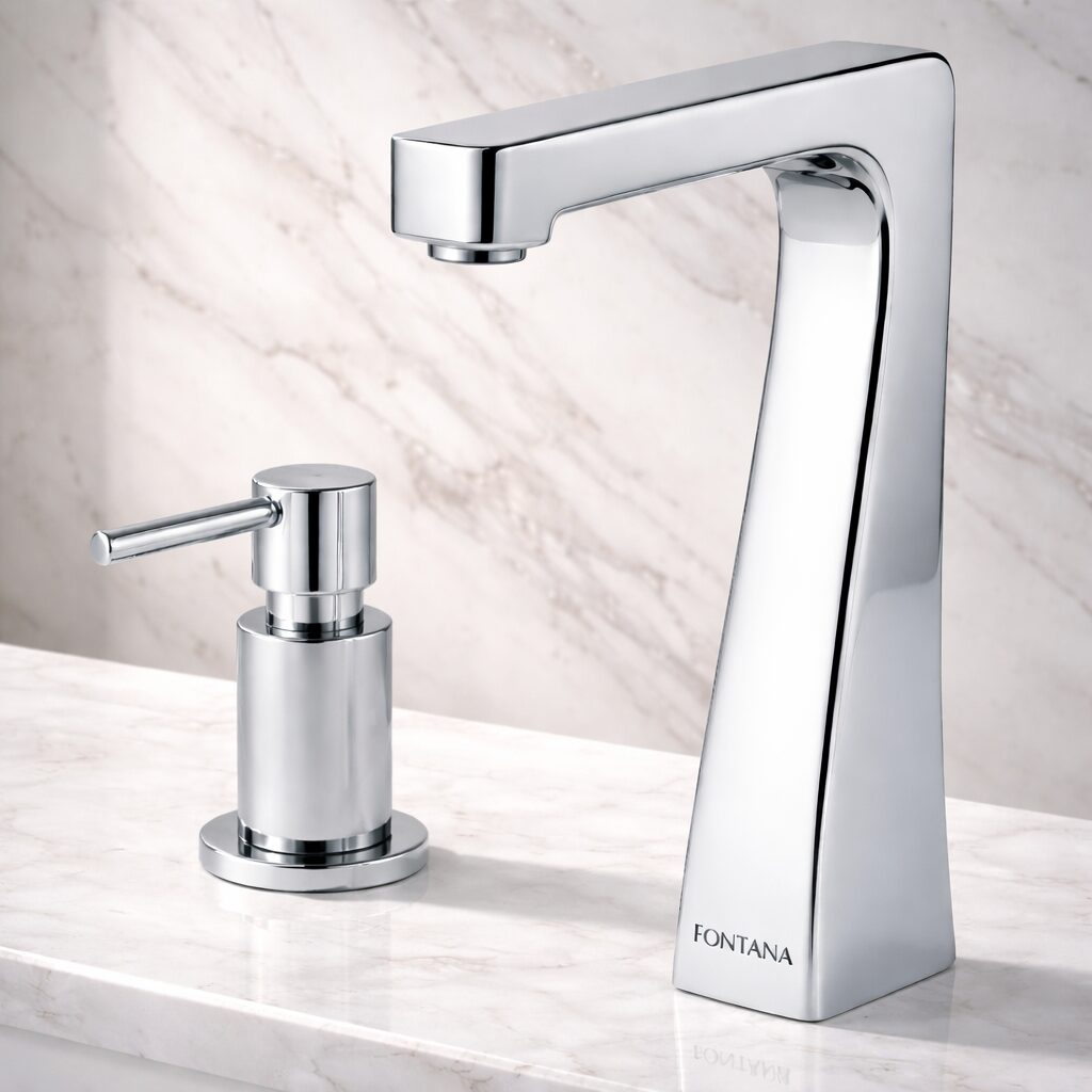 Freestanding bathtub faucet in a modern bathroom interior