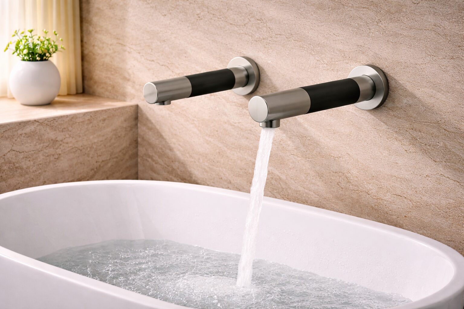 Touchless commercial restroom sink area designed to control splash and keep sensor windows clean