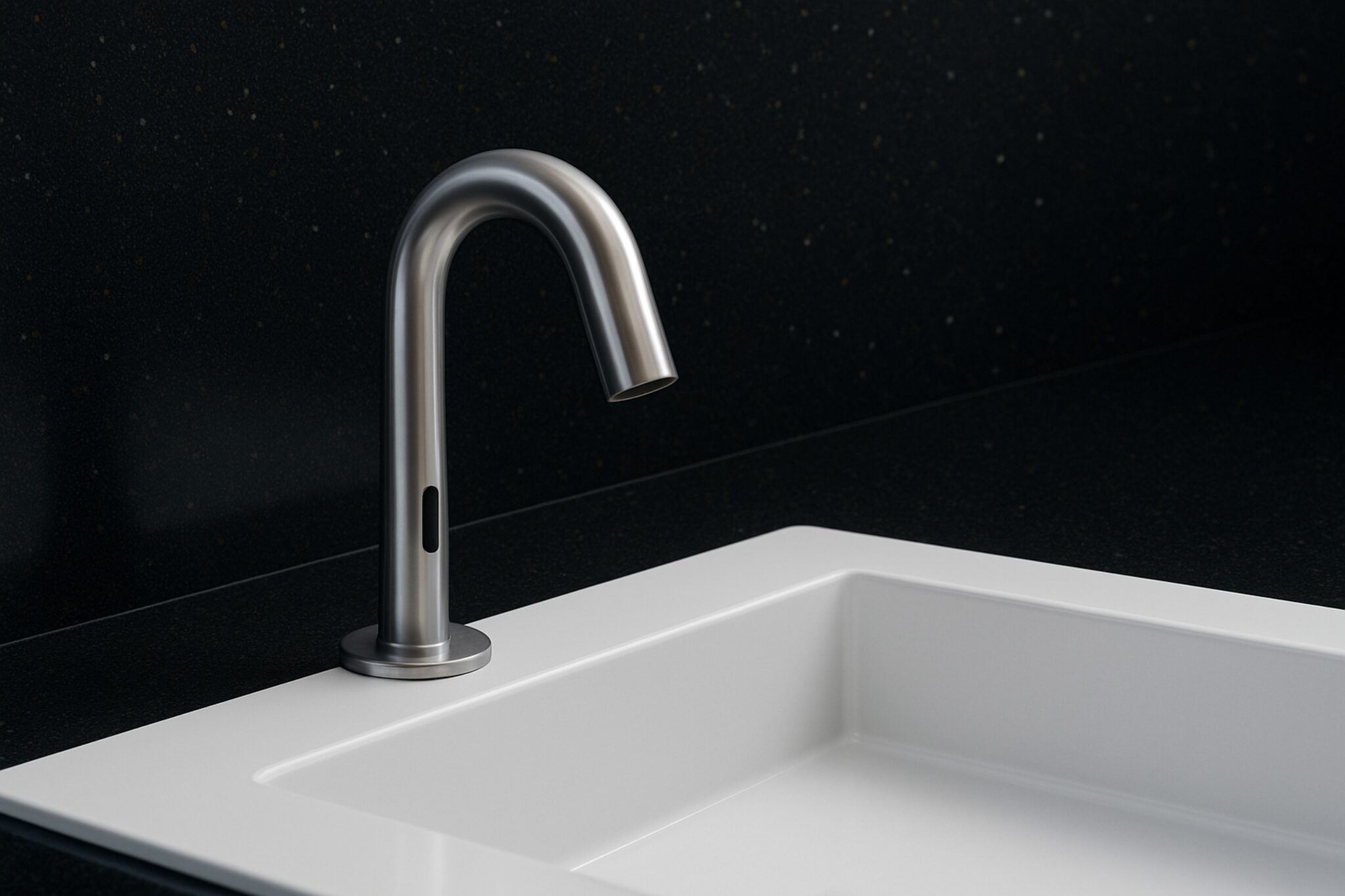 Stainless steel automatic soap dispenser installed in a commercial restroom