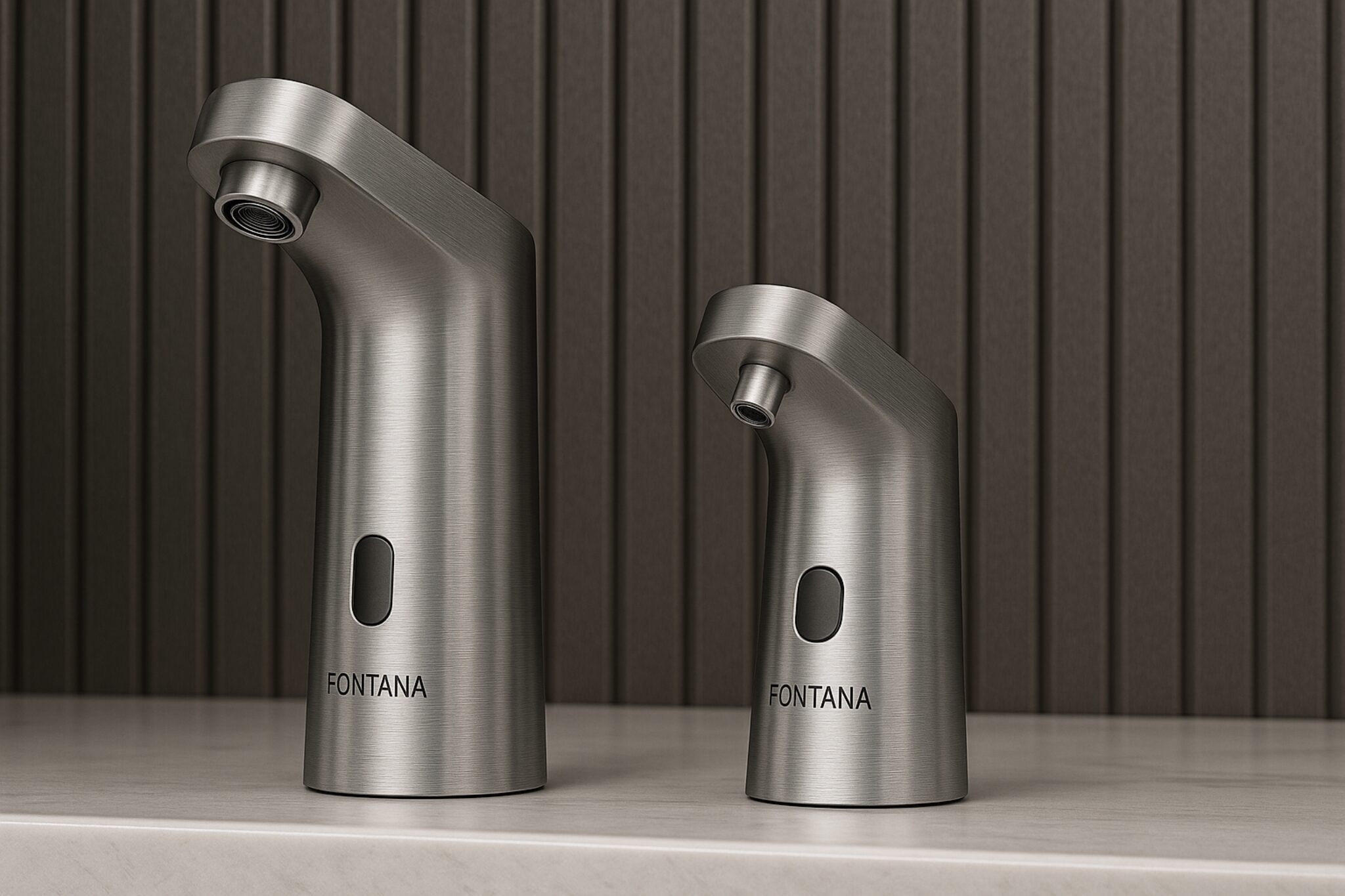 Modern commercial restroom sink line with multiple soap dispensers