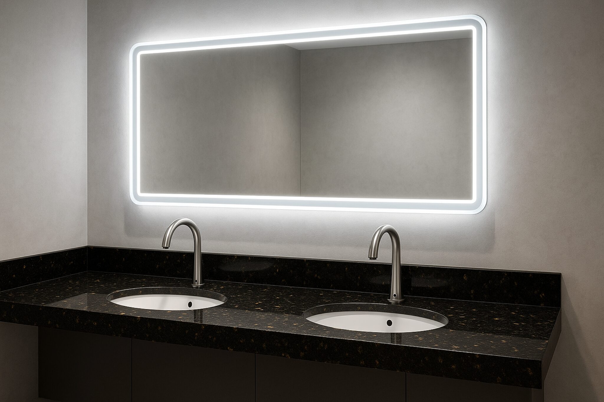 Accessible commercial washroom sink area coordinated with soap and faucet accessories