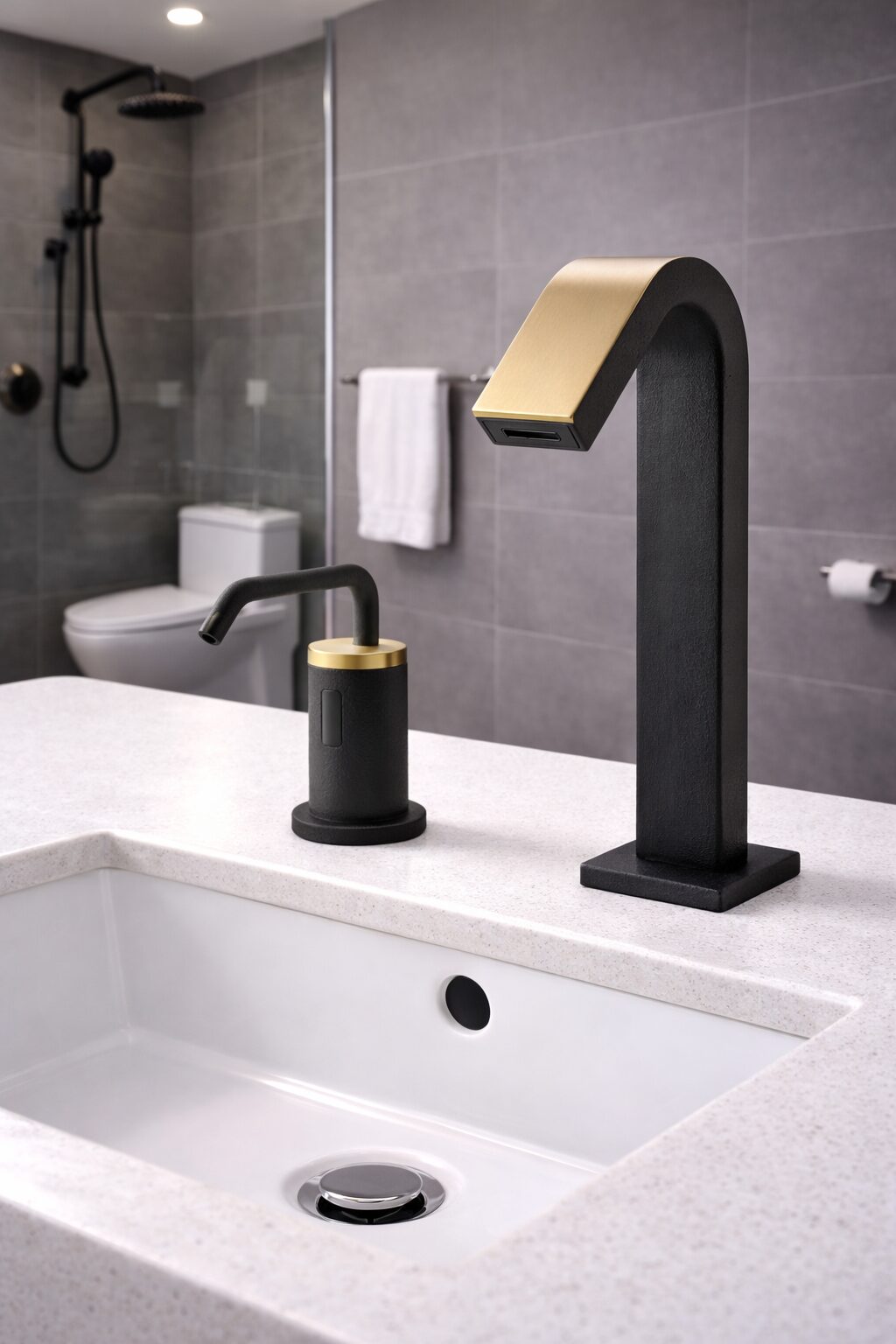 Close-up of elegant bathroom faucet with contemporary sink design