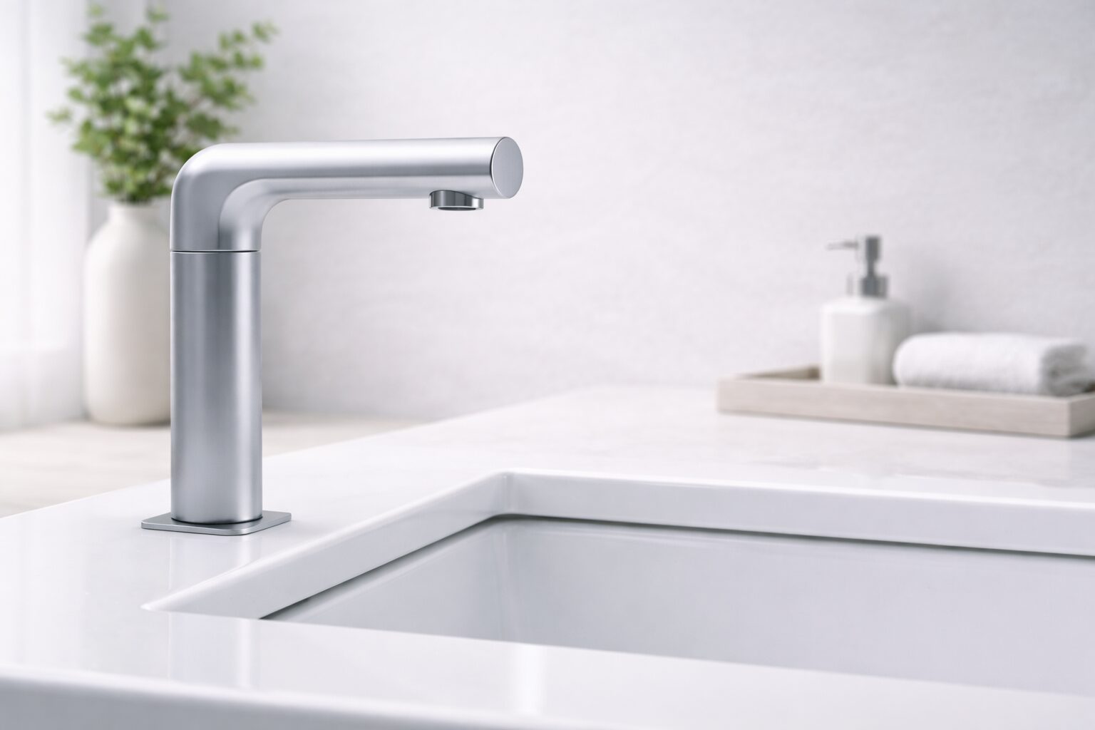 Automatic wall-mounted soap dispenser above a commercial sink