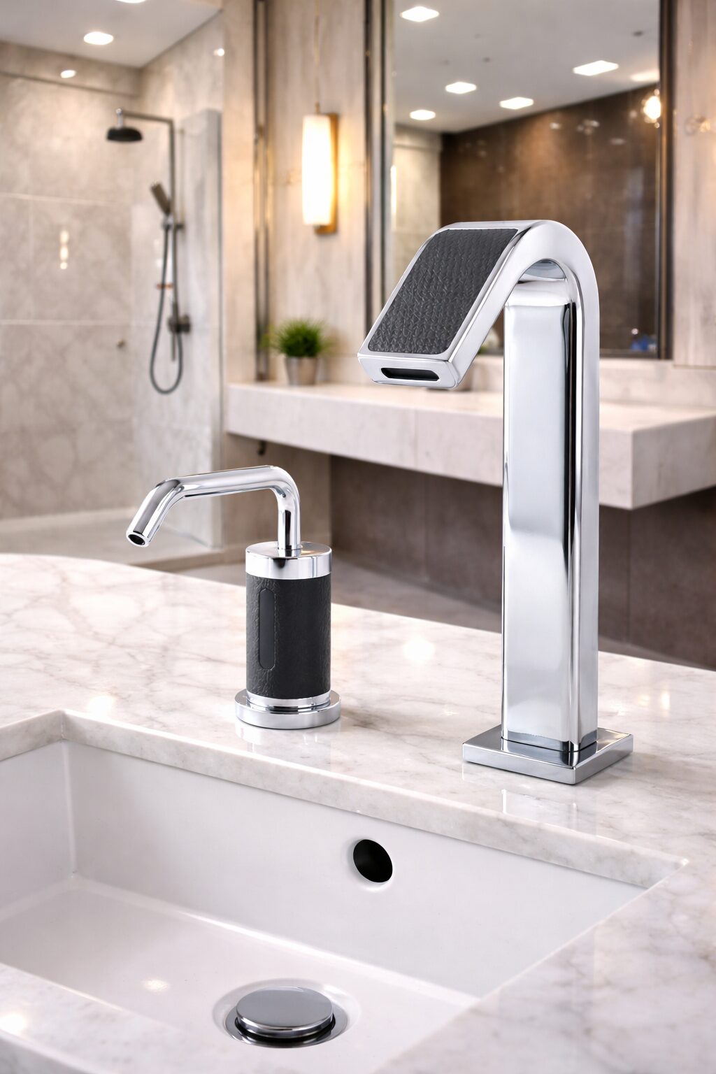 Modern bathroom sink with chrome faucet in minimalist interior