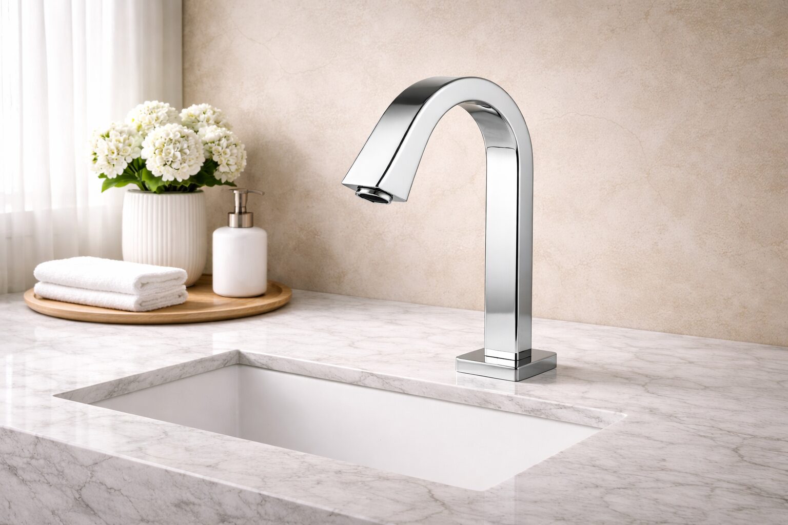 Hands receiving foam soap from an automatic dispenser in a public restroom