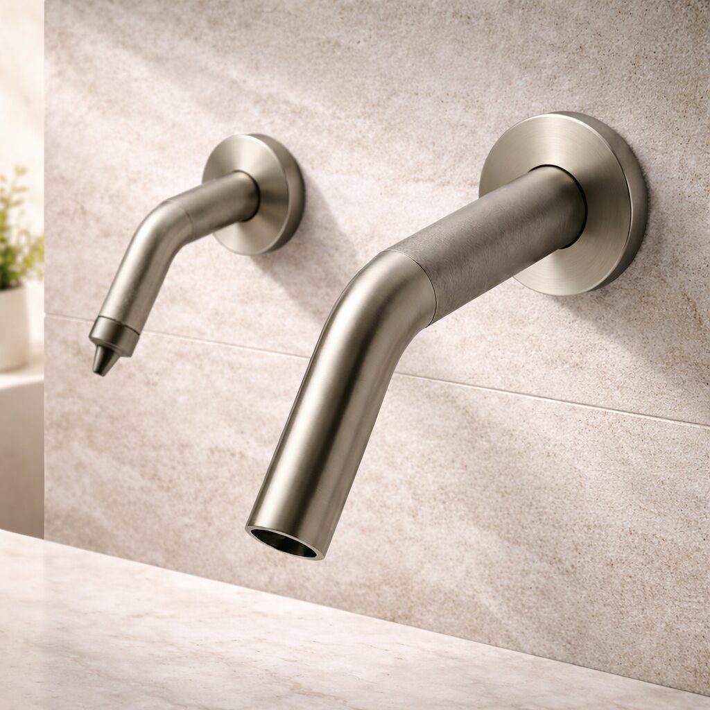 Commercial sink counter with automatic faucet and soap dispenser installed in a coordinated layout