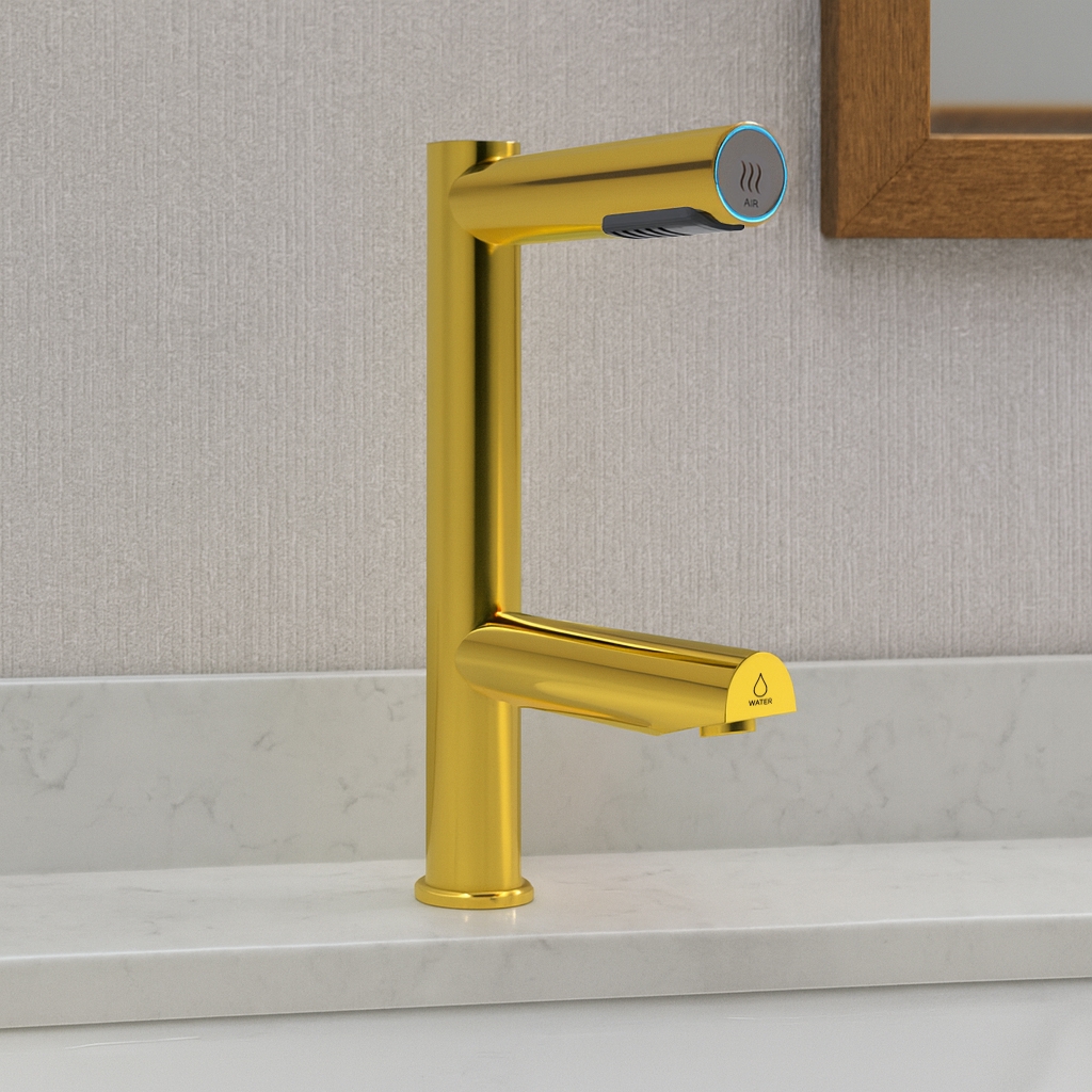 Brushed nickel touchless dispenser and faucet finish reference for commercial restroom design
