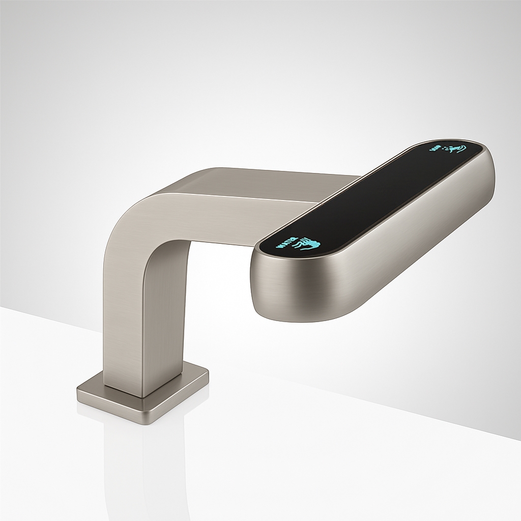 Deck mount brushed nickel commercial sensor soap dispenser for retrofit lavatory decks