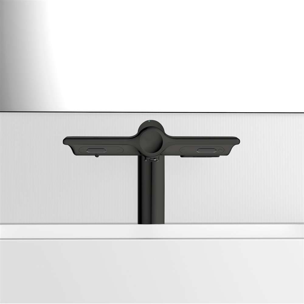 High traffic commercial washroom with black touchless faucets and sinks