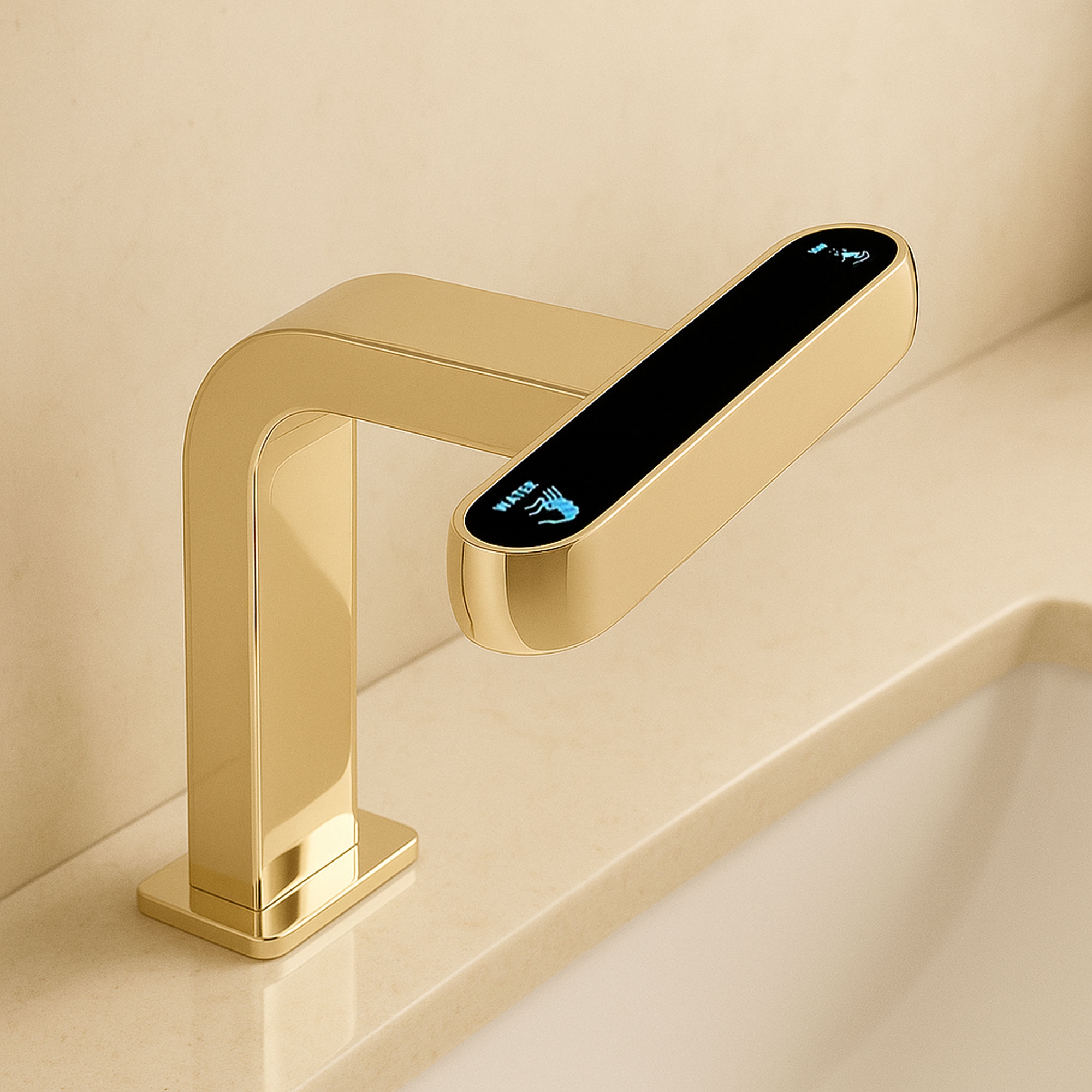 Modern commercial bathroom with touchless soap dispenser and faucet coordination
