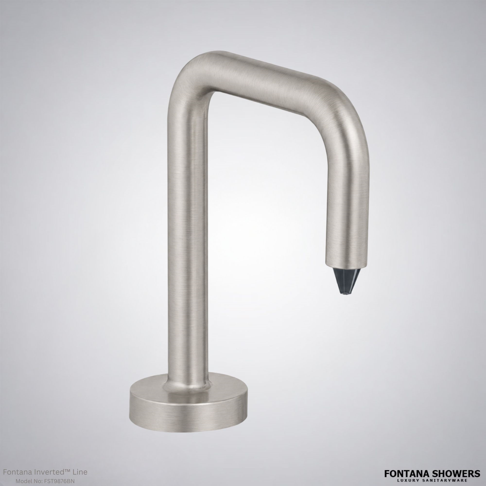 Brushed nickel touchless restroom fixture for hospitality and commercial washrooms